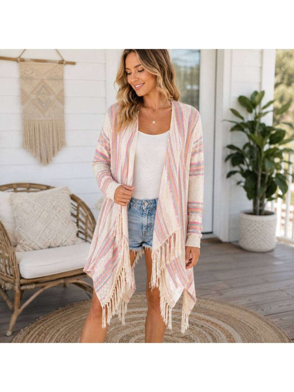 Vintage Crystal Kobe Cardigan L Pastel Stripe Lace Back Fringe Boho Waterfall